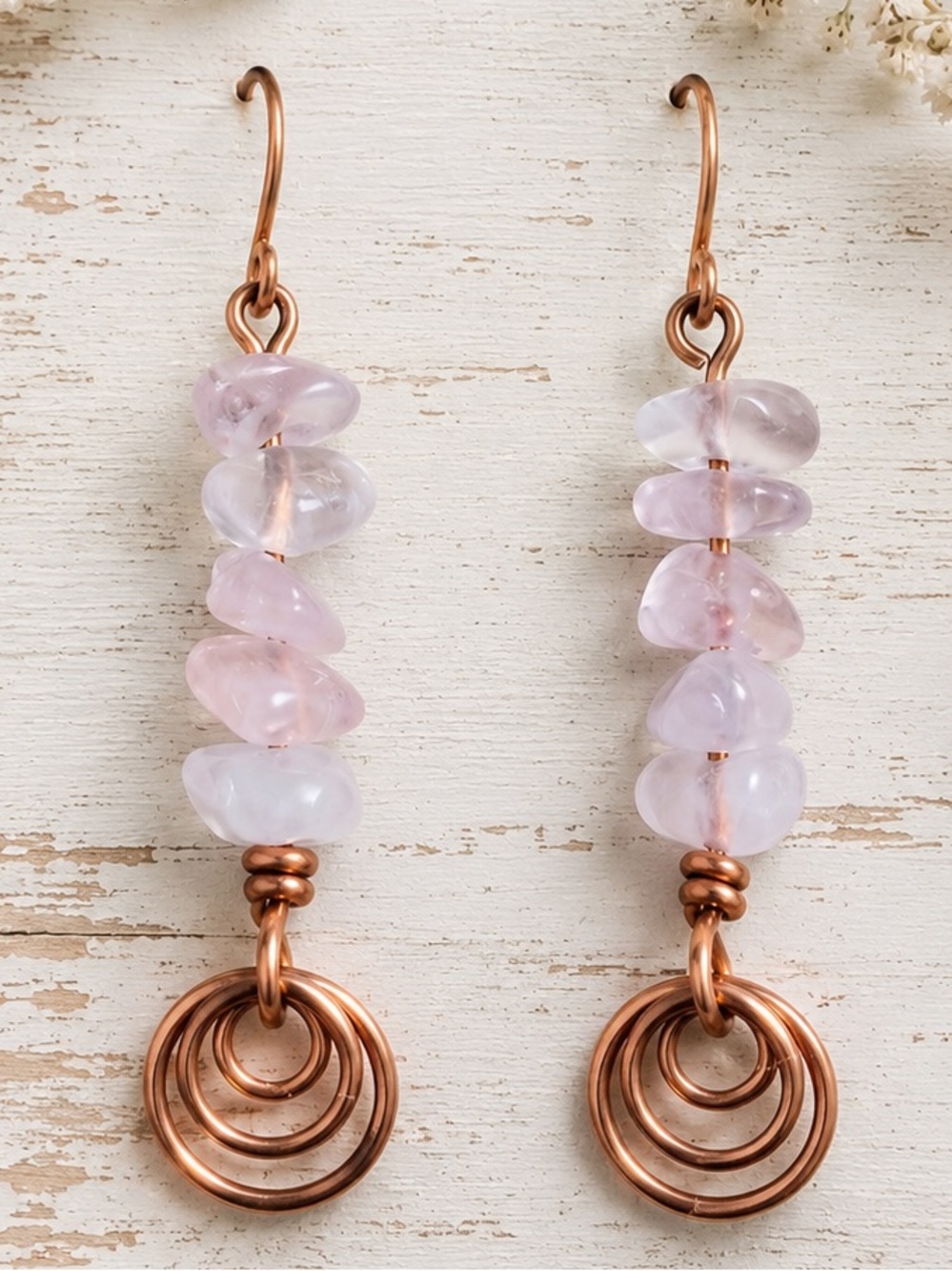 Hand Crafted Rose Quartz Chip Earrings in Copper
